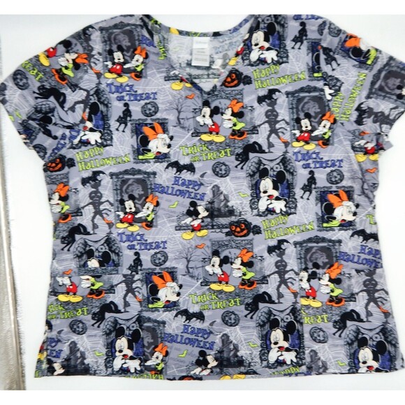 Disney Mickey Minnie Mouse Halloween Scrub Top Front Pockets Sz 2X/2XG Mansion - Picture 1 of 7